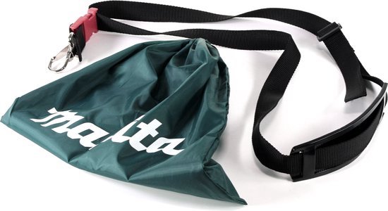 Groene draagtas met Makita logo en zwarte schouderband met gesp.