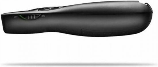 Zwarte Logitech R400 presenter, zijaanzicht met aan/uit-schakelaar.