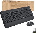 Verpakking en inhoud van Logitech Signature MK650 for Business: toetsenbord, muis, USB-ontvanger.