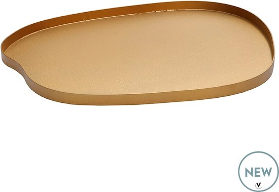 Gouden, druppelvormig dienblad met een opstaande rand.
