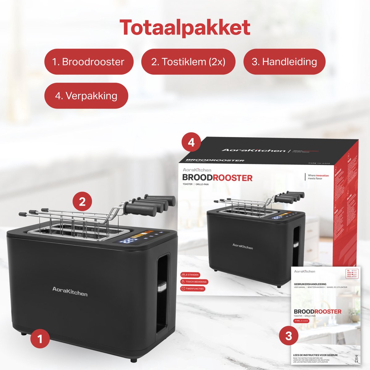AoraKitchen Broodrooster met Tostiklemmen - 900W - 6 Warmteniveaus - Led Scherm - Toaster - met Timerfuncties - Tosti Apparaat - Zwart thumbnail 8