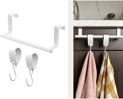 Handdoekstang over keukenkastdeur - 23cm Wit + 2x leren S-haak hanger - Voor 2 handdoekjes - inclusief nano plakstrips / handdoekrek keukenkast - deurhaak Handdoekstang over keukenkastdeur - 23cm Wit + 2x leren S-haak hanger - Voor 2 handdoekjes - inclusief nano plakstrips / handdoekrek keukenkast - deurhaak