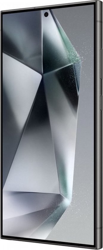 Grijze Samsung smartphone met een geometrisch patroon op het scherm.