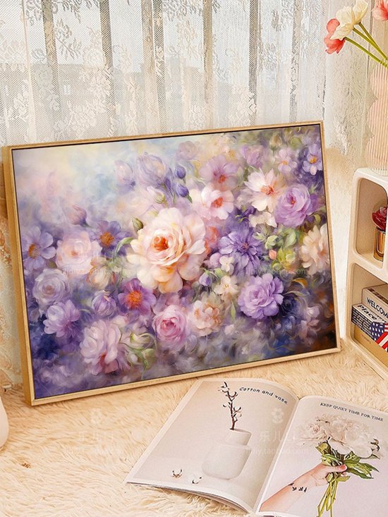 Une peinture à l'huile d'un jardin luxuriant avec des fleurs roses et violettes dans des tons pastel doux sous un ciel clair.