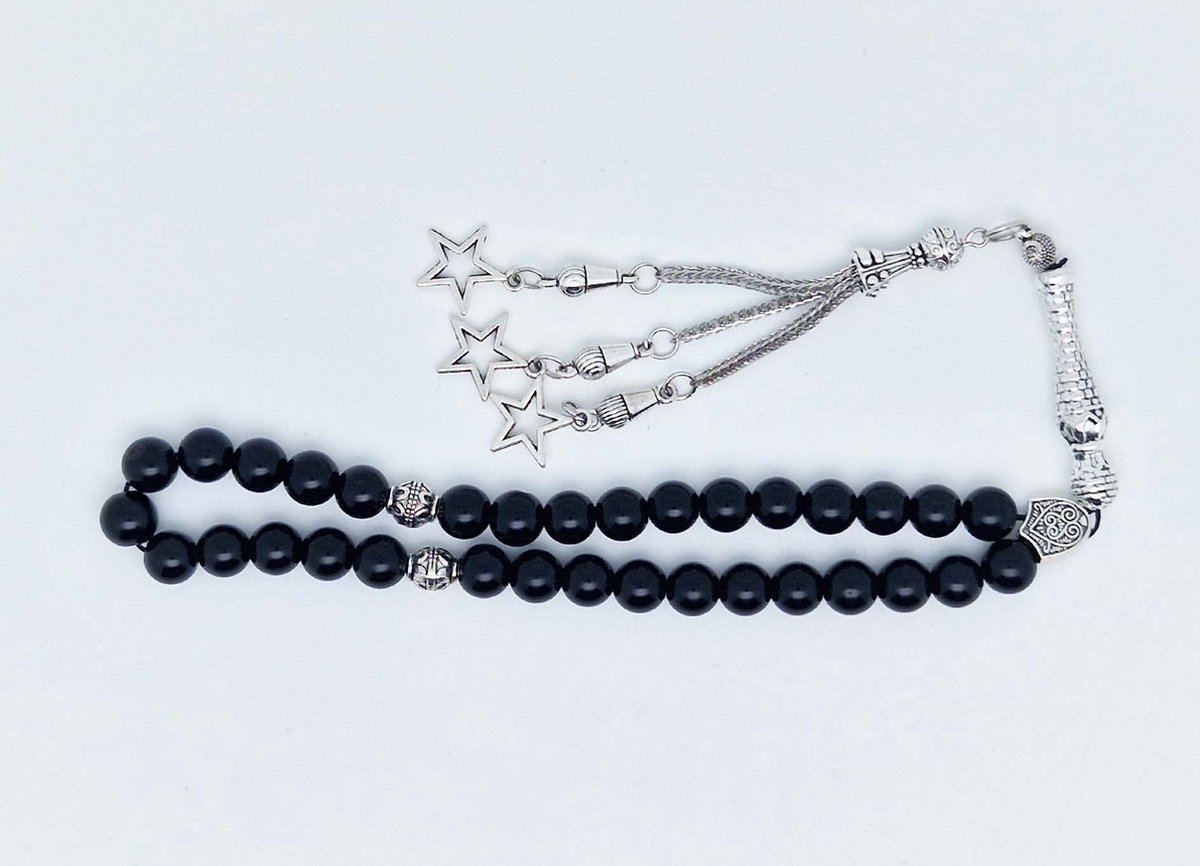 Handgemaakte tesbih klassiek - "Tasbih" natuursteen "Obsidian" - Aantal kralen 33 - Diameter kralen 8 MM - met metaal tassel "Sterren" - Een mooi cadeau-idee