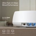Achterkant van een witte Deco router met 2x 2.5 Gbps WAN/LAN poorten.
