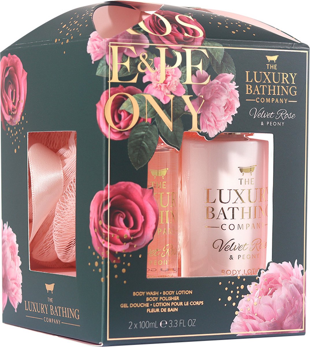 Goedkoopste Set Cadou Glamorous Glow, Velvet Rose & Peony, Gel de Dus, Lotiune Corp, Burete Exfoliant Corp, The Luxury Bathing Company, 3 articole