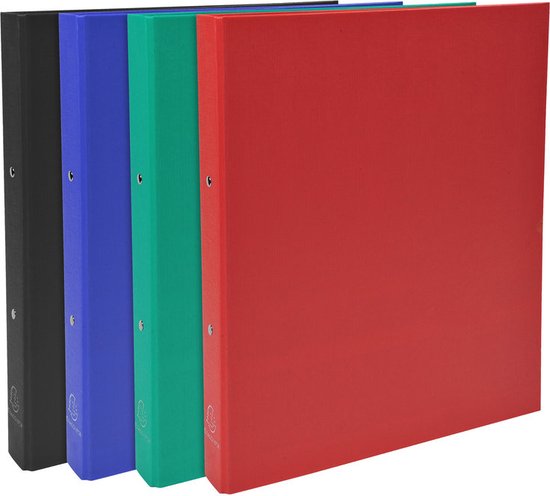 Vier Exacompta ringmappen van kunststof in de kleuren zwart, blauw, groen en rood. Elke map heeft een rug van 40 mm en twee ringen.