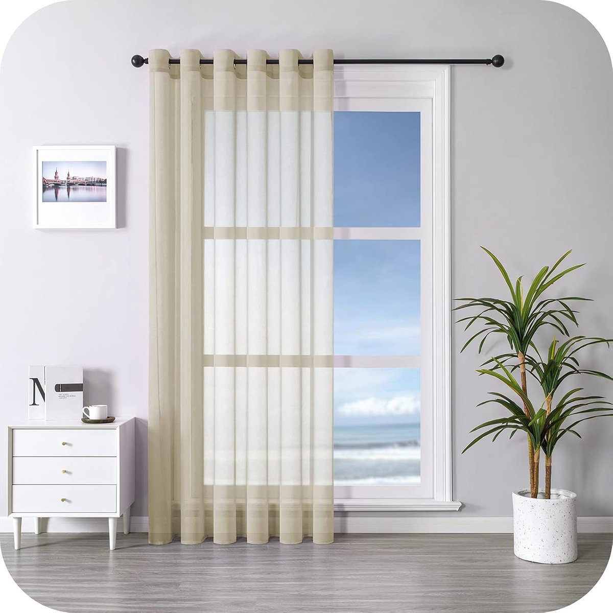 PolkaHome Transparant voilegordijn, 228 cm lang, 1 paneel, linnenlook, met zeilringen, voor slaapkamer, woonkamer, terrasdeur, 228 x 228 cm, beige ( biscuit)