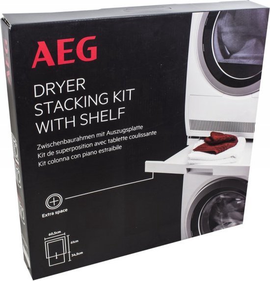 Verpakking van AEG tussenstuk met uittrekbare lade voor wasmachine-droger combinatie.