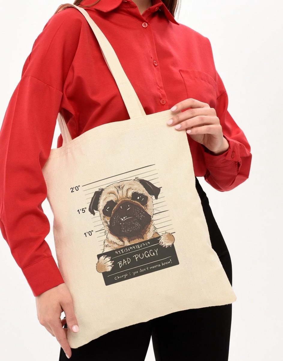 Kwube Dames Tassen - Shopper - Naturel Katoen - 35x40 cm - Cadeau Voor Haar | Katoenen Schoudertas | Boodschappentas | Natural Cotton Tote Bag | Linnen Tas | Hond Design