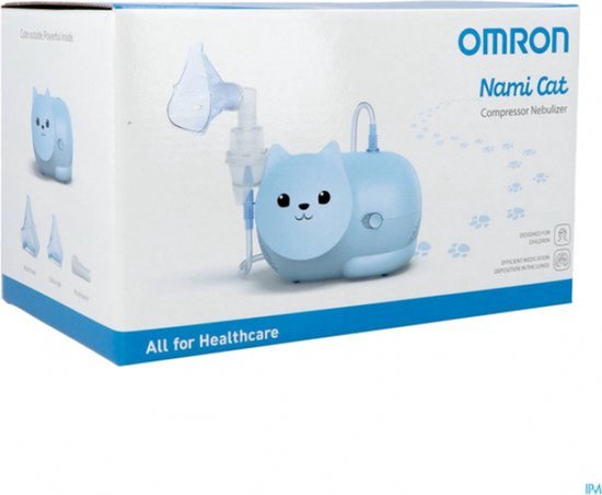 Omron Nami Cat Compressor Vernevelaar in de vorm van een blauwe kat, met mondstuk en buis.