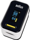 Braun polsoximeter met OLED-display, toont SpO2 98% en PR 64 bpm