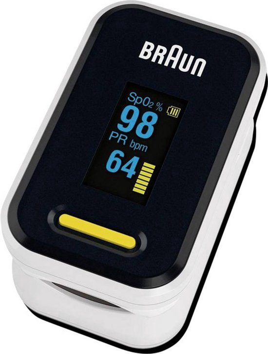 Braun polsoximeter met OLED-display, toont SpO2 98% en PR 64 bpm