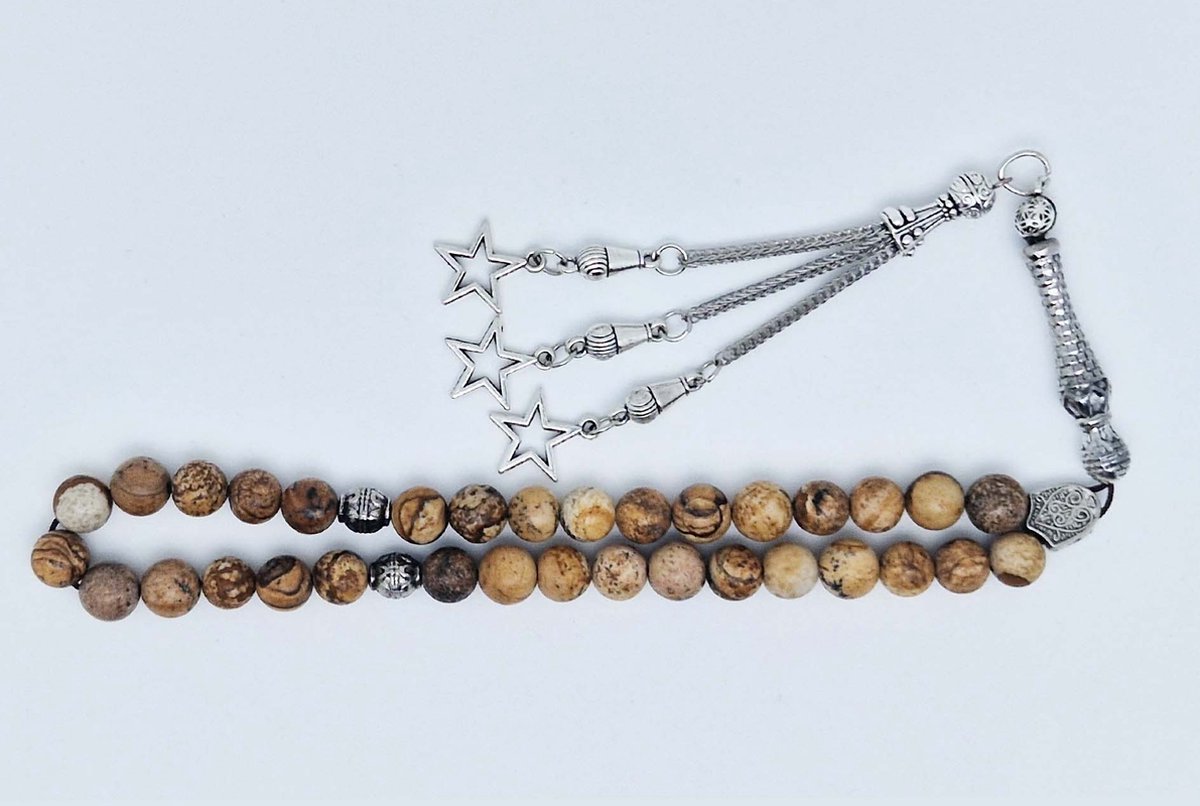 Handgemaakte tesbih klassiek - "Tasbih" natuursteen "Picture Jasper" - Aantal kralen 33 - Diameter kralen 8 MM - met metaal tassel "Sterren" - Een mooi cadeau-idee