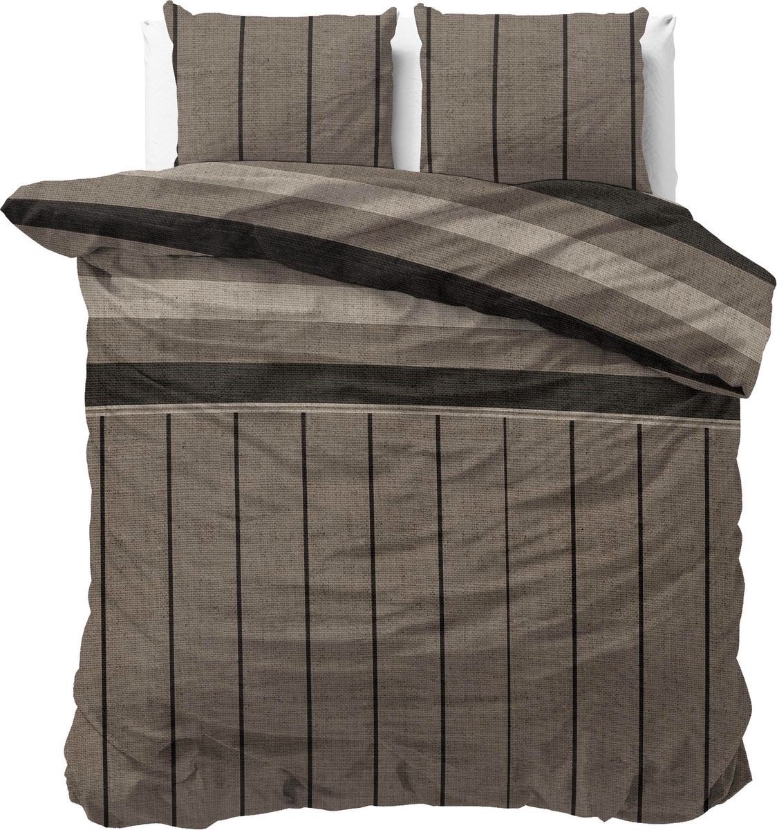 Sleeptime Lits-jumeaux flanellen dekbedovertrek (dekbed hoes) bruin / taupe / zand gestreept (strepen / banen) in brei patroon FLANEL 240 x 220 cm (warm en zacht beddengoed voor herfst / winter / cadeau idee Sint & Kerstmis)