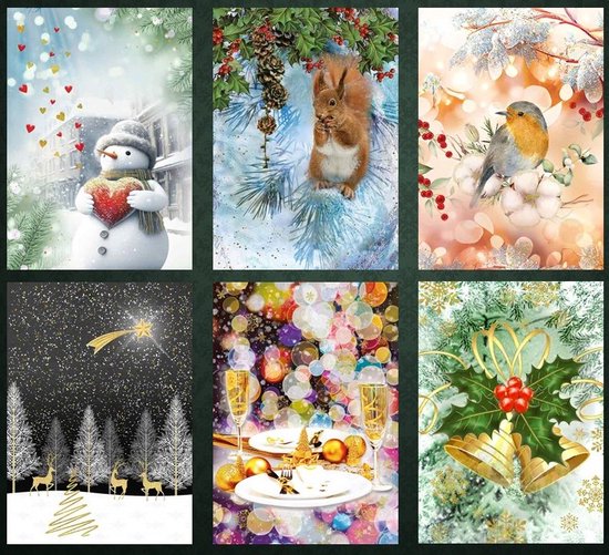 Collage van 6 kerstkaarten: sneeuwpop met hart, eekhoorn, roodborstje, bosscène, feestelijk diner, kerstbellen.