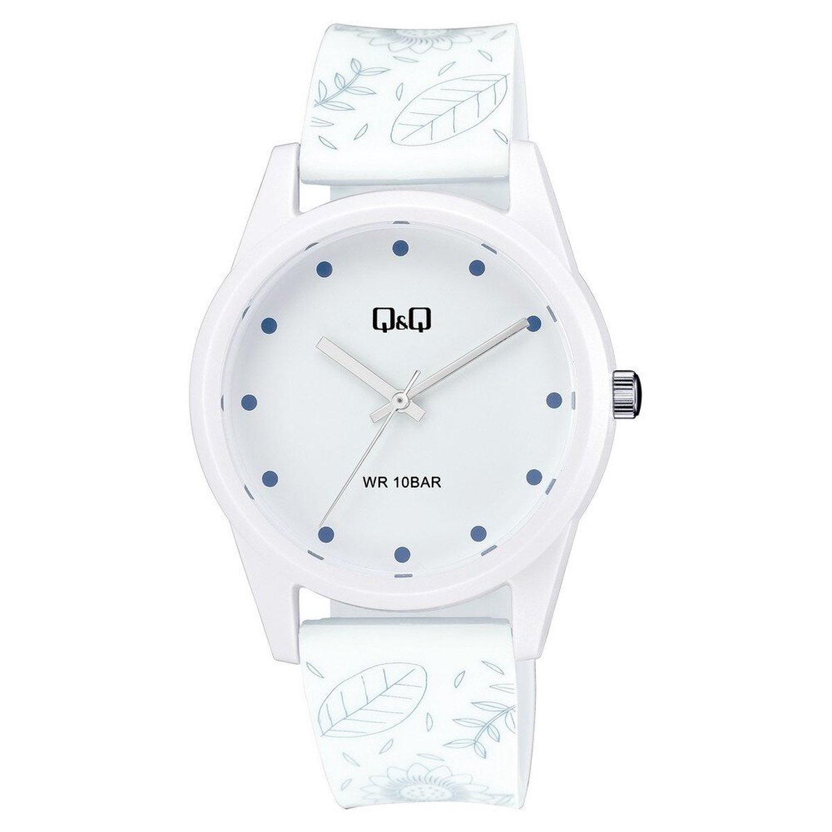 QQ V08A-001VY - Horloge - Sport - Analoog - Dames - Vrouwen - Kinderen - Plastic band - Rond - Kunststof - Stippen - Bloemen - Wit - 10 ATM