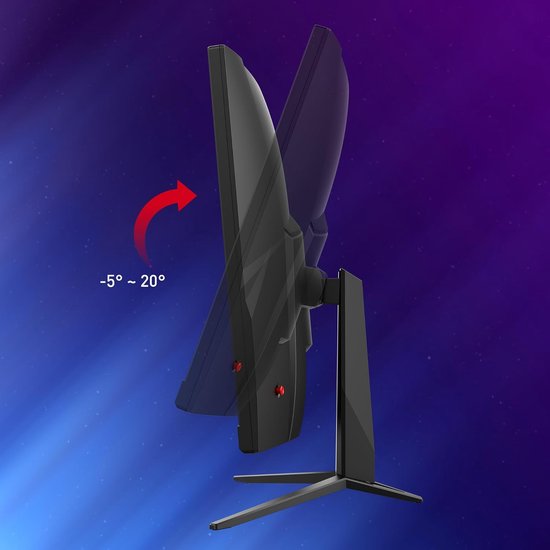 Zijaanzicht van een MSI monitor die -5° tot 20° kan kantelen, met rode accenten.