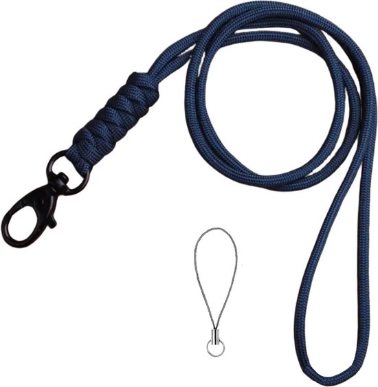 Cordon porte-clés bleu marine en paracorde avec mousqueton noir et un cordon de téléphone séparé.
