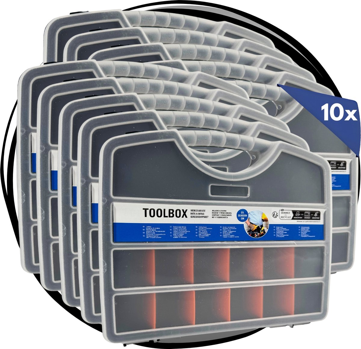 TronicXL 10 stuks Sortimentsbox 25x21 cm – Stapelbare kunststof opbergdoos voor schroeven, spijkers, moeren & hobbyartikelen | Verstelbare vakken, stevige organizer voor werkplaats & hobby