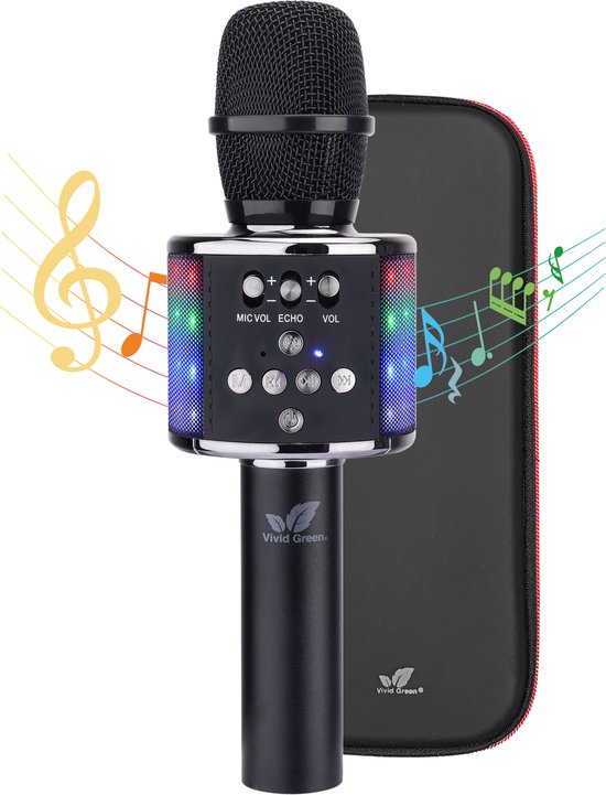 Foto: Karaoke microfoon inc opbergcase voor kinderen en volwassenen met speaker bluetooth set zwart vivid green