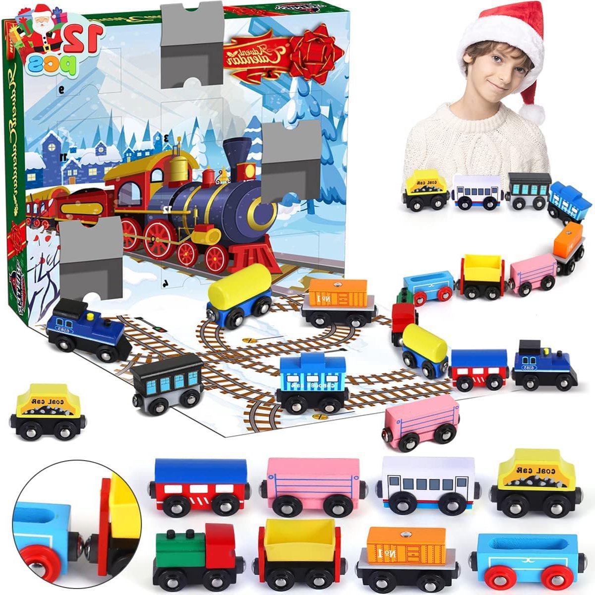 oCreon 2024 Kerst Adventskalender – 12 Dagen Aftelkalender met Houten Treinauto's voor Kinderen