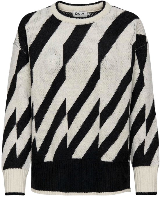 Pull tricoté avec motif pied-de-poule noir et blanc et col rond.