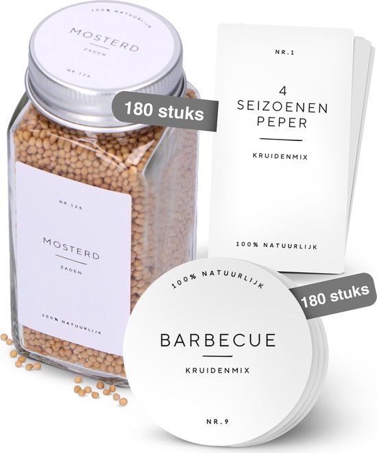 Deleca 180x Autocollants à épices pour bocaux - Étiquettes rondes et rectangulaires - Bocaux de conservation et Étiquettes Pots d'herbes aromatiques - Étanche - Néerlandais / Wit