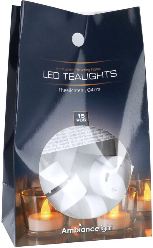 Verpakking met 15 witte LED theelichtjes, met de tekst 'LED Tealights' en 'warm white flickering flame'.