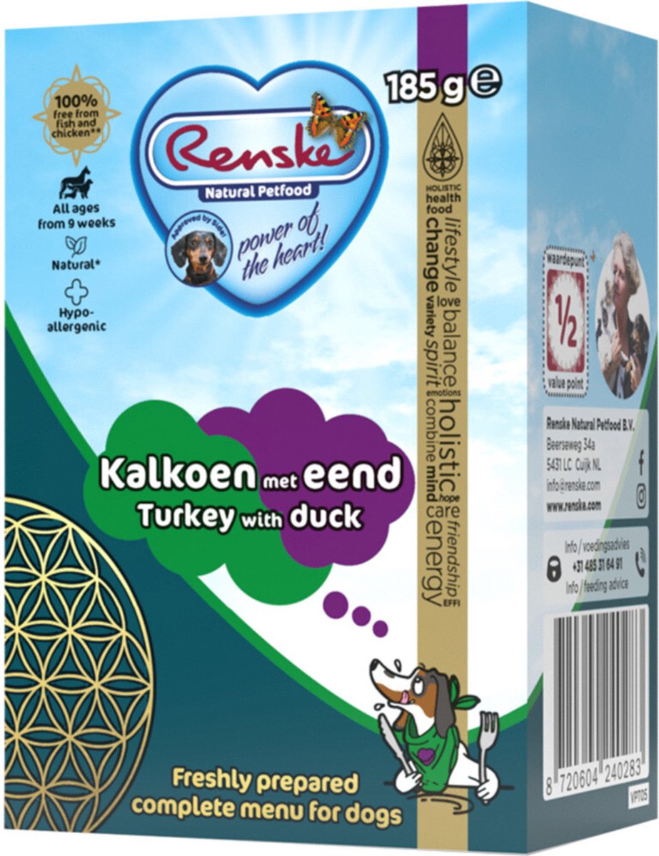 Renske vers bereid kalkoen met eend natvoer hond (tetra) 24 x 185 g