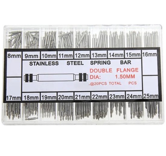 Épingles Knaak pour votre montre - Set de 360 ​​pièces de 8 à 25 mm - Épingles pour bracelet de montre - Épingles en acier inoxydable - Set d'outils d'horloger