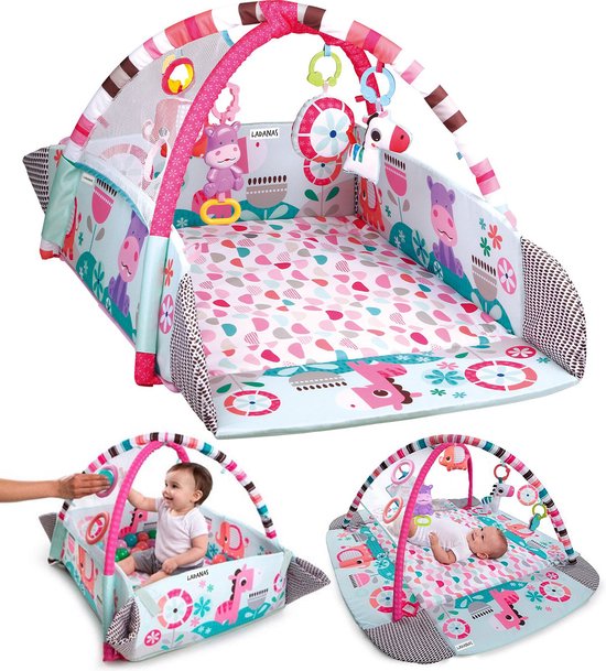 Tapis de jeu bébé 5in1 + entraîneur couché - BABY GYM AVEC MURS AJUSTABLES - Piscine à balles incl 30 balles + 5 jouets - Gym d'activités bébé - Cadeau Bébé - 0m+