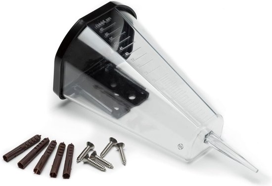Relaxdays regenmeter met stok, set van 2, pluviometer voor tuin of balkon, 35mm/m², kunststof, hout, natuur/transparant