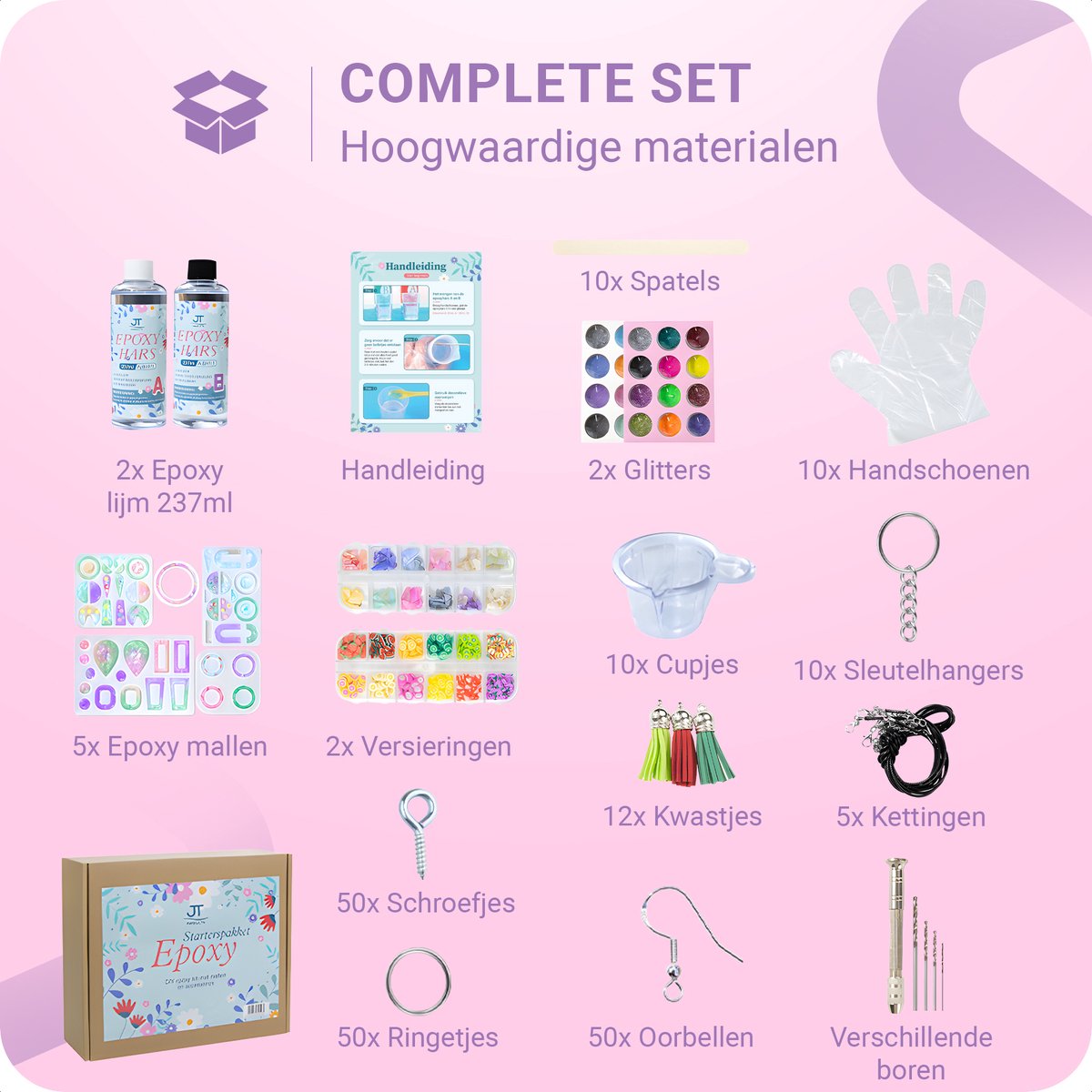 JT Products Epoxy Starterspakket - Zelf Sieraden Maken - Giethars - Epoxy Starterskit - Sieraden, Ketting, Oorbellen, Armband, Ring, Sleutelhanger - Epoxy Resin - Epoxy Hars - Sieraden Maken Set - Sinterklaas Cadeau — cadeau in Hobby - foto 3