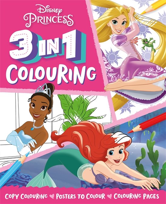 Disney Princess 3-in-1 kleurboek met Rapunzel, Tiana en Ariël met potloden op een roze achtergrond.