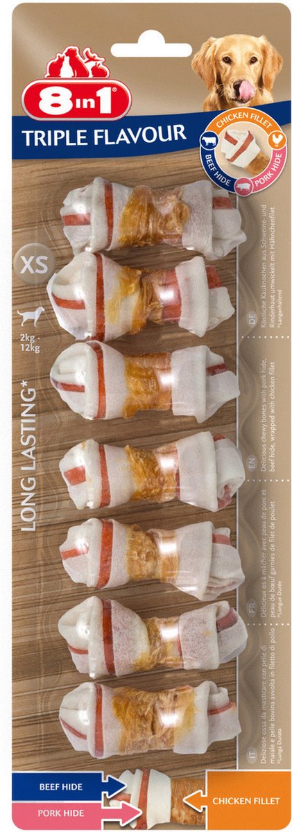 8in1 Delights Kauwknook Triple Flavour Kip&Varken&Rund - Hondensnacks - Xs