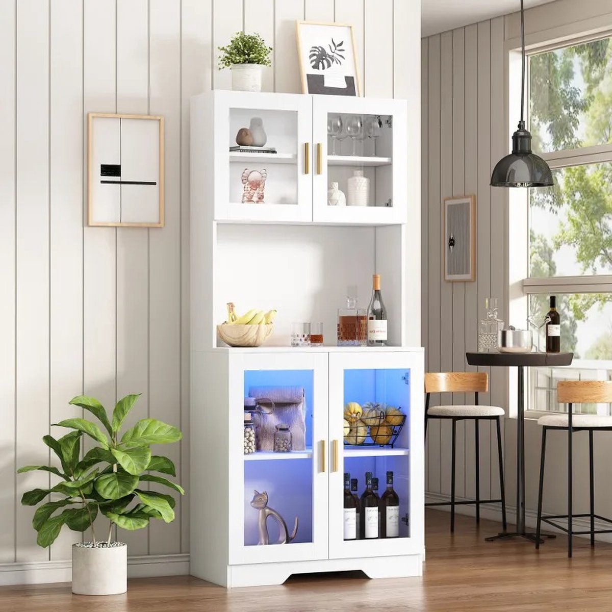 DHN Moderne Witte Vitrinekast - Woonkamerkast - Decoratiekast - 4-glazen Deuren - 170 Cm Hoge Kast Met Led Licht - Vitrine - Wit