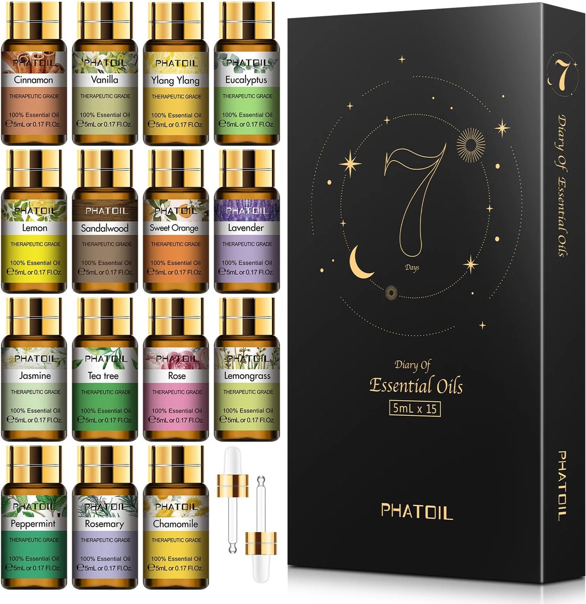 Goedkoopste PHATOIL - Aroma Oliën - Pure Essentiële Oliën 15Pcs - 5ml - Met 4 druppelaars - Geschenkdoos - Perfect voor Haar