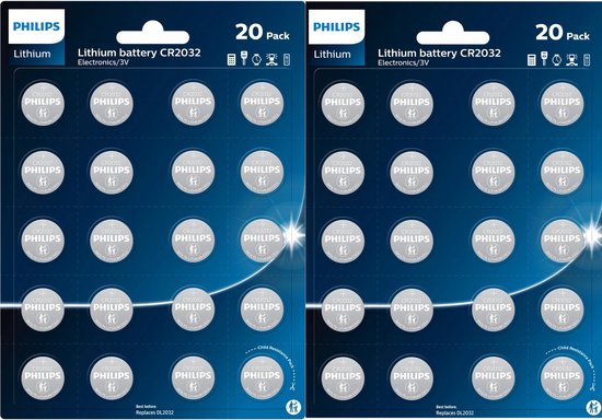 Philips CR2032 lithium batterij, 20 stuks per verpakking, met tekst 'Lithium battery CR2032 Electronics/3V'.