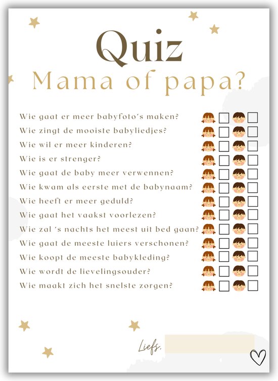 Cartes à remplir Maman ou papa - Studio Claire - Jeu de quiz pour baby shower - 20 cartes A6 - Idée cadeau pour baby shower - Perfect pour la Reveal du genre et la fête de maternité - Petite étoile scintillante