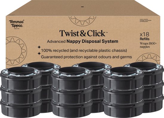 Tommee Tippee Twist & Click geavanceerde luieremmer navullingen (cassettes) met meerlaags antibacterieel folie, verpakking met 18 stuks (verpakking kan variëren)