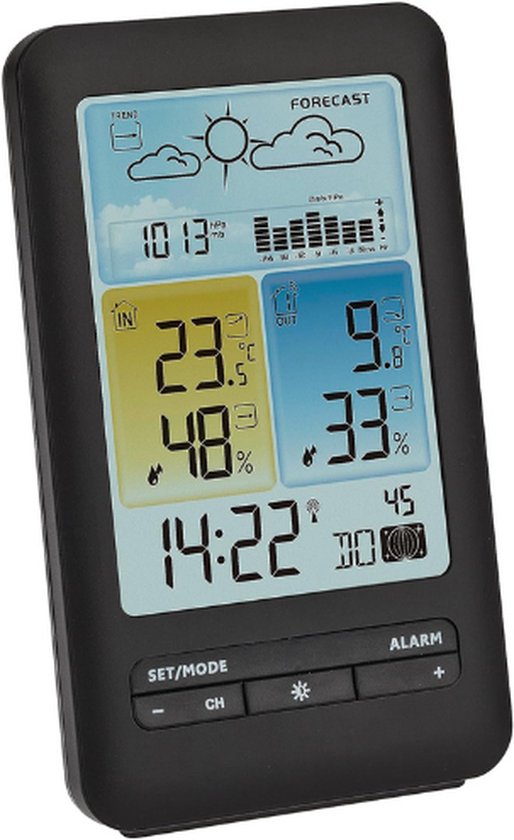 TFA Dostmann Draadloos weerstation, digitaal weerstation, luchtvochtigheid, temperatuur, met achtergrondverlichting, weersymbolen, 138 x 28 (67) x 125 mm (l x b x h TFA Dostmann Draadloos weerstation, digitaal weerstation, luchtvochtigheid, temperatuur, met achtergrondverlichting, weersymbolen, 138 x 28 (67) x 125 mm (l x b x h