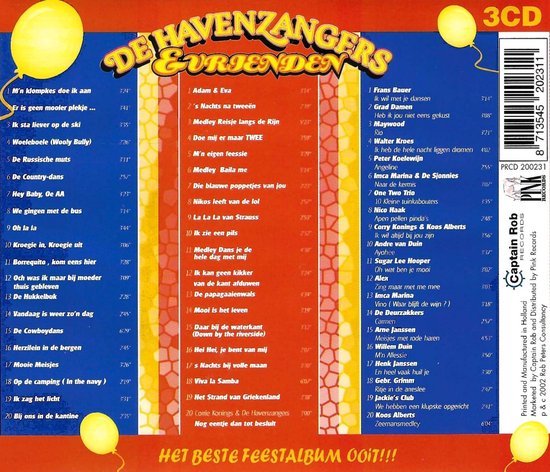 Achterkant van een 3-CD hoes met lijst van nummers en artiesten. De titel 'De Havenzangers & Vrienden' staat centraal.