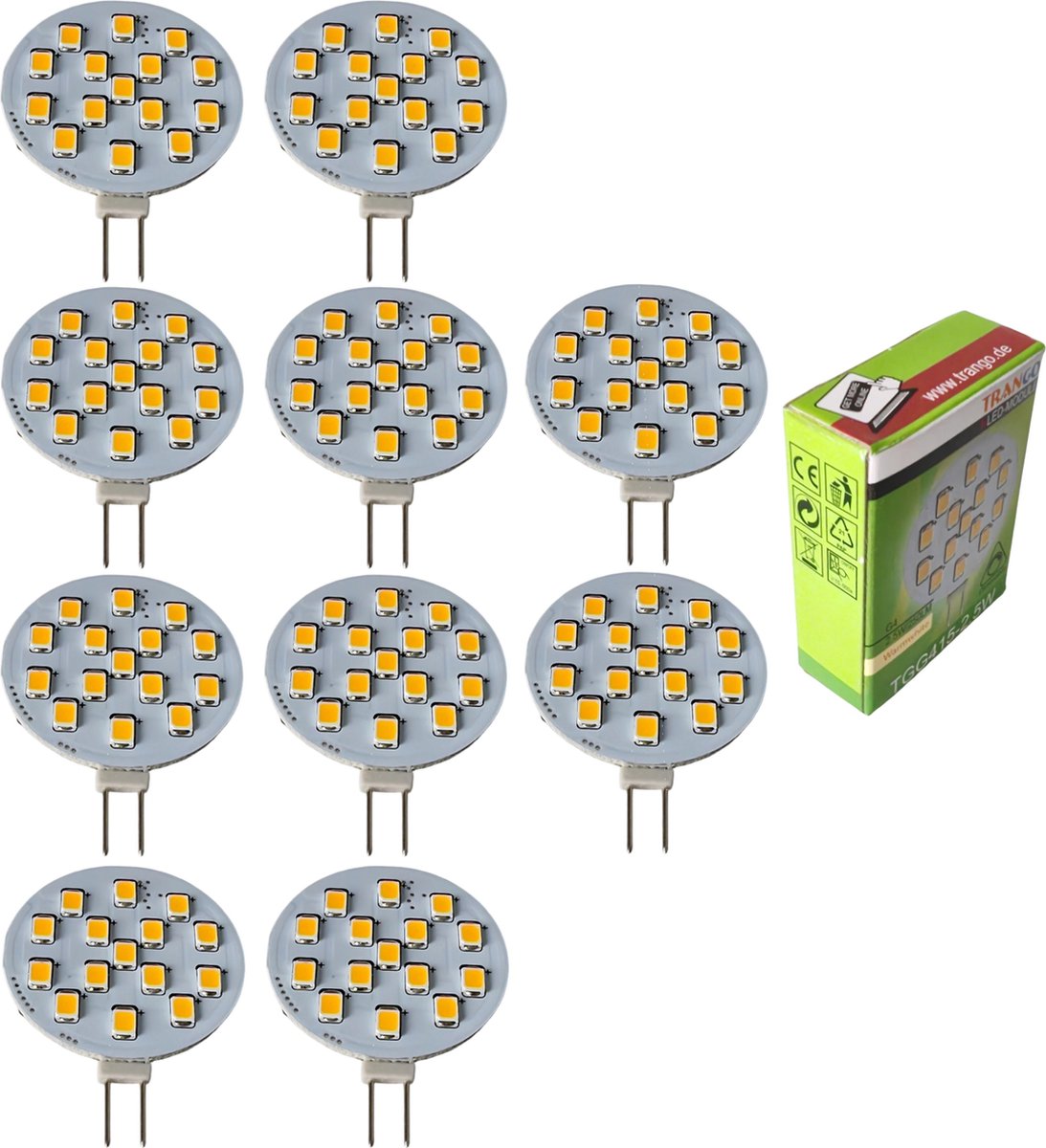 Trango Set van 10 LED lampen G415-2.5*10 G4 fitting voor vervanging G4 MR16 halogeenlamp 12Volt AC/DC - 2.5 Watt 250 lumen 3000K Warm Wit Meubel Inbouwspot, Kast Inbouwlamp, Plafondlamp