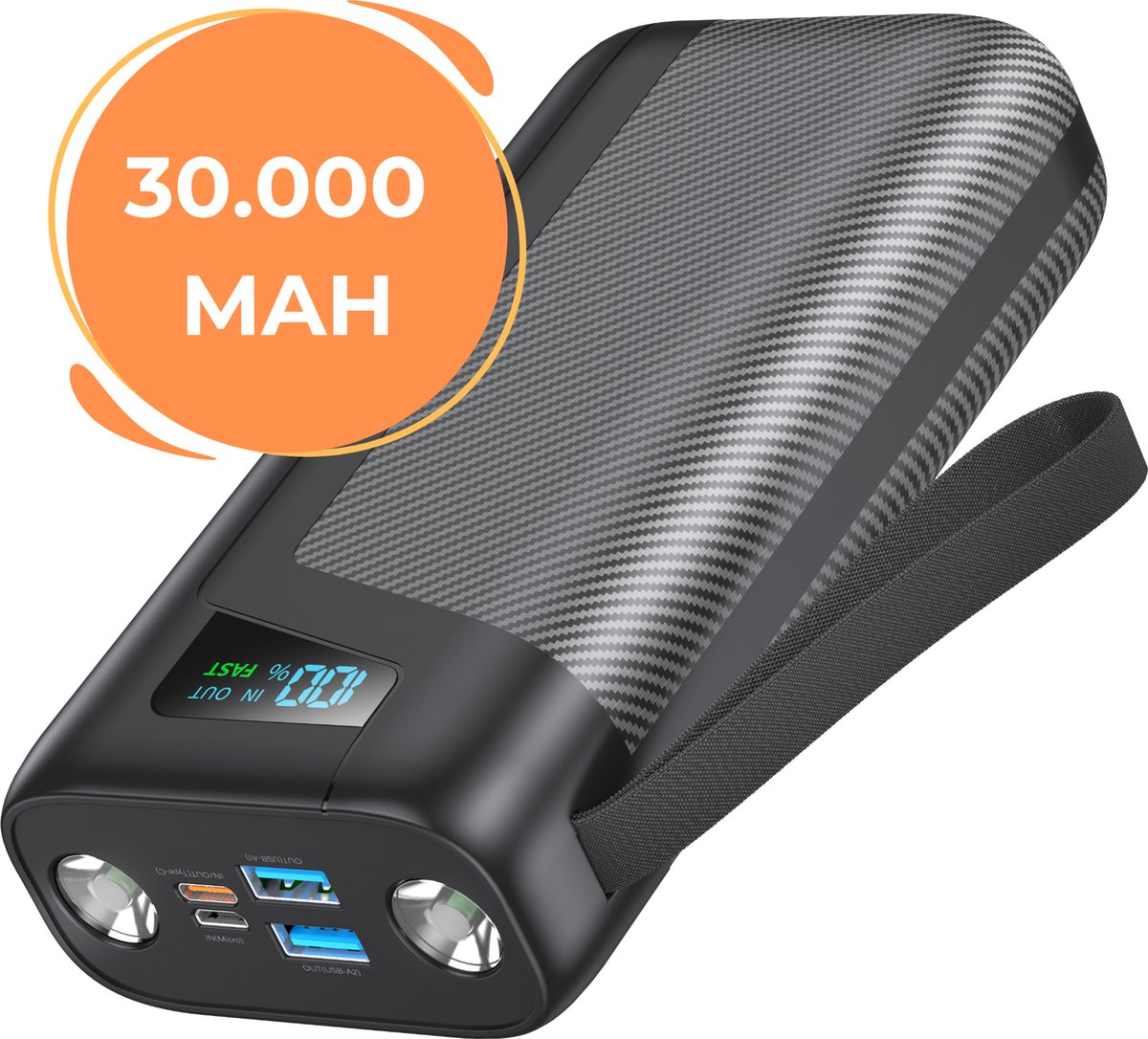 Powerbank 30000 mAh Snellader 22.5W Zwart