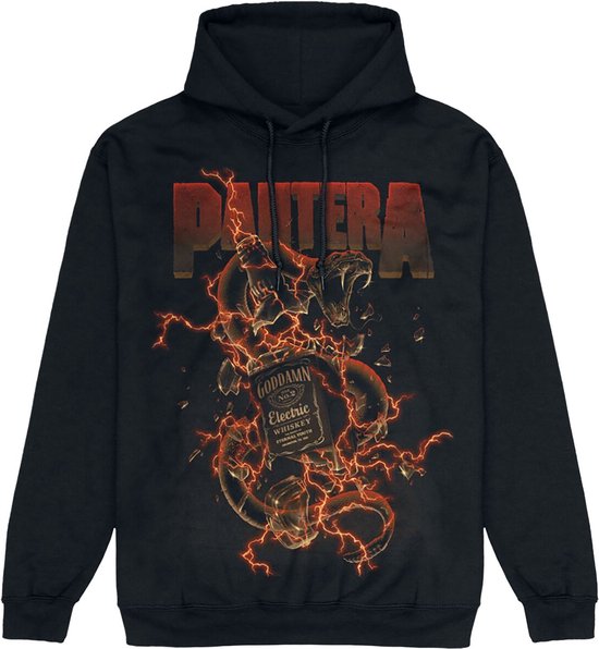Zwarte hoodie met Pantera-logo, een slang rond een fles "Goddamn Electric Whiskey" en rode bliksem.