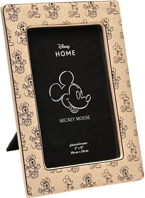 Gouden fotolijst met Mickey Mouse print, schuin geplaatst met standaard. 10cm x 15cm.