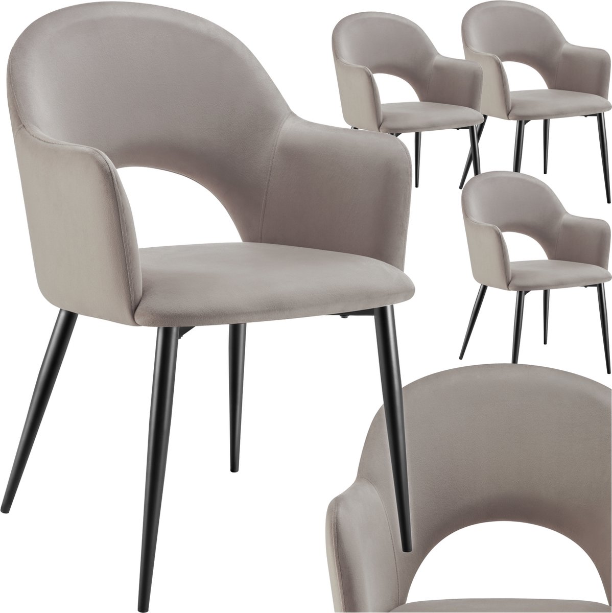 tectake® Set van 4 Eetkamerstoelen Sachel - Fluweellook Gestoffeerde Fauteuils - Keukenstoel - Ergonomische Stoelen voor Woonkamer en Keuken - Eetkamerstoel met Armleuning - 120 kg Draagkracht per Stoel - Taupe