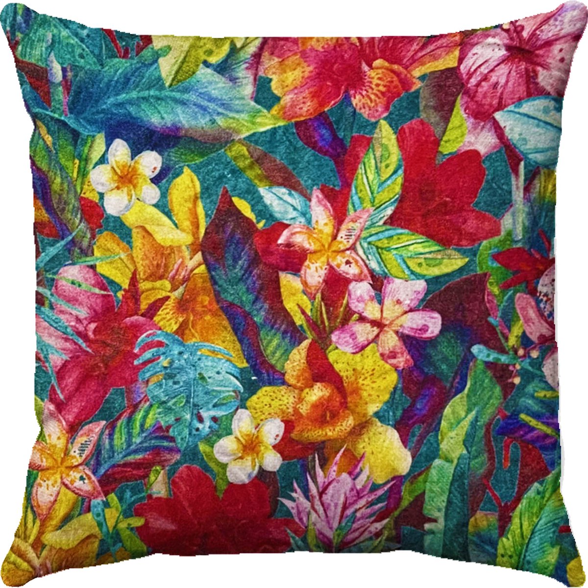by Mooss - Sierkussen 50 x 50 cm - Velours - Tropisch Bloemen - Blauw Roze Geel - Inclusief binnenkussen